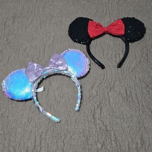 Disney Minnie Ears Sequin Ears Iridescent Earidscent Headband BONUS red bow pair